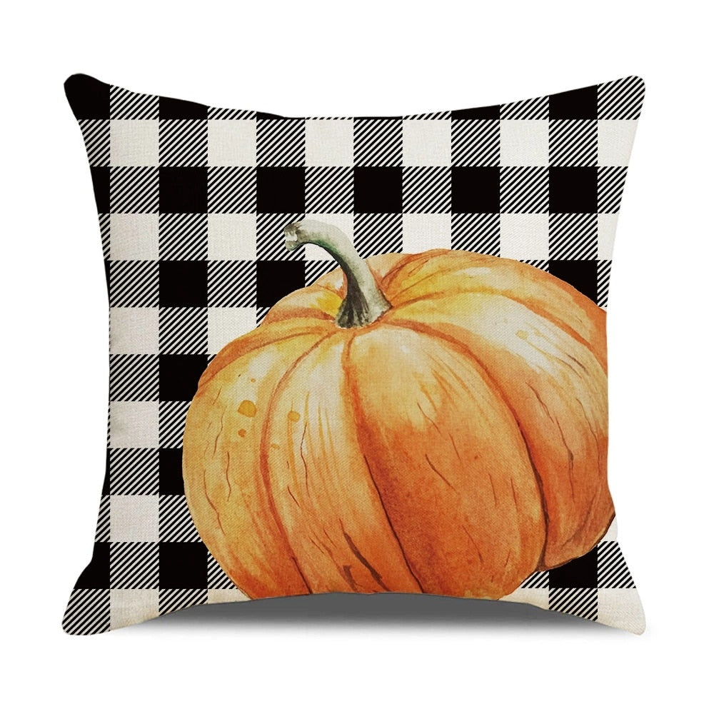 Fall Pumpkin Cushion Covers 18x18 Inch Farmhouse Decor Thanksgiving Buffalo Check Linen Throw Pillow Covers Happy Thanksgiving