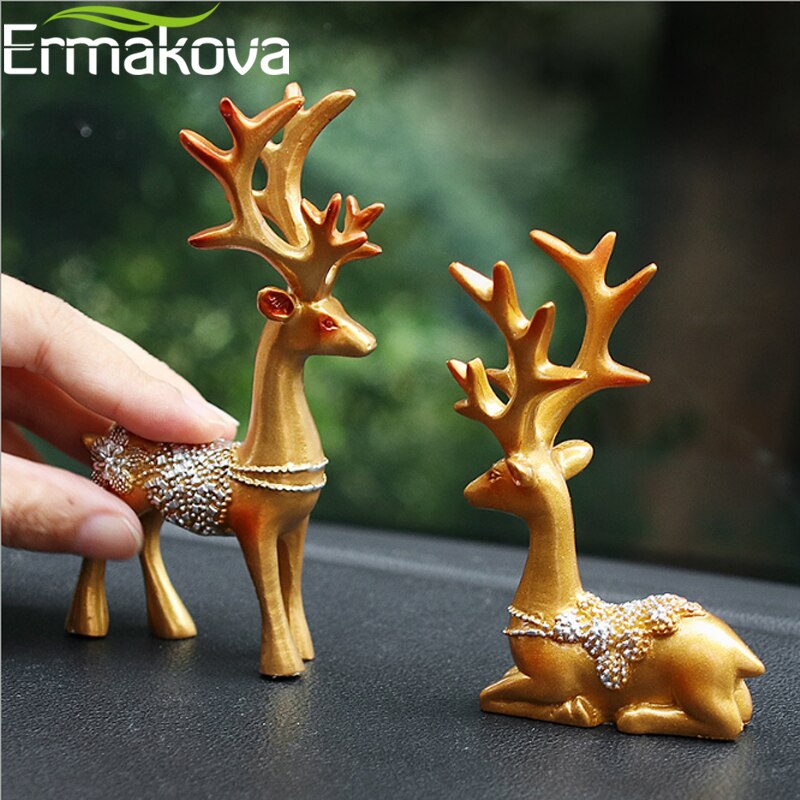 ERMAKOVA 2-Pieces Resin Deer Figurine Statue Miniature Cute Deer Sculpture Home Desktop Car Dashboard Decoration Craft Gift