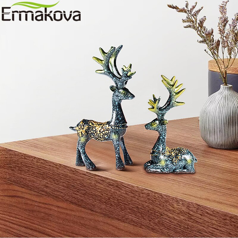 ERMAKOVA 2-Pieces Resin Deer Figurine Statue Miniature Cute Deer Sculpture Home Desktop Car Dashboard Decoration Craft Gift