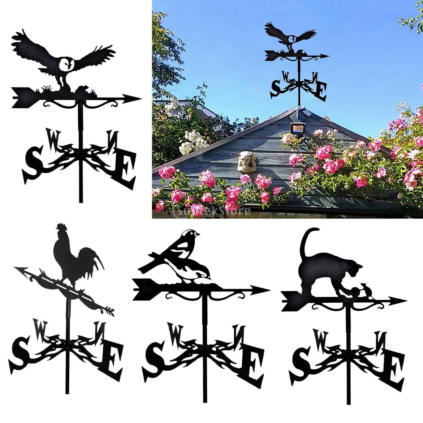 Iron Farmhouse Weather Vane Roof Mount Wind Direction Indicator Kit Outdoor Garden Bracket Weather Wind Speed Spinner