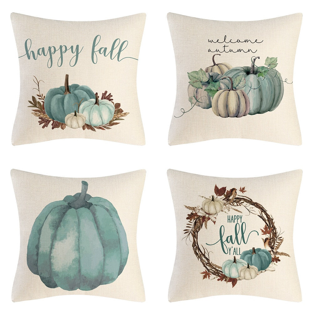 Fall Pumpkin Cushion Covers 18x18 Inch Farmhouse Decor Thanksgiving Teal Linen Throw Pillow Covers Happy Thanksgiving