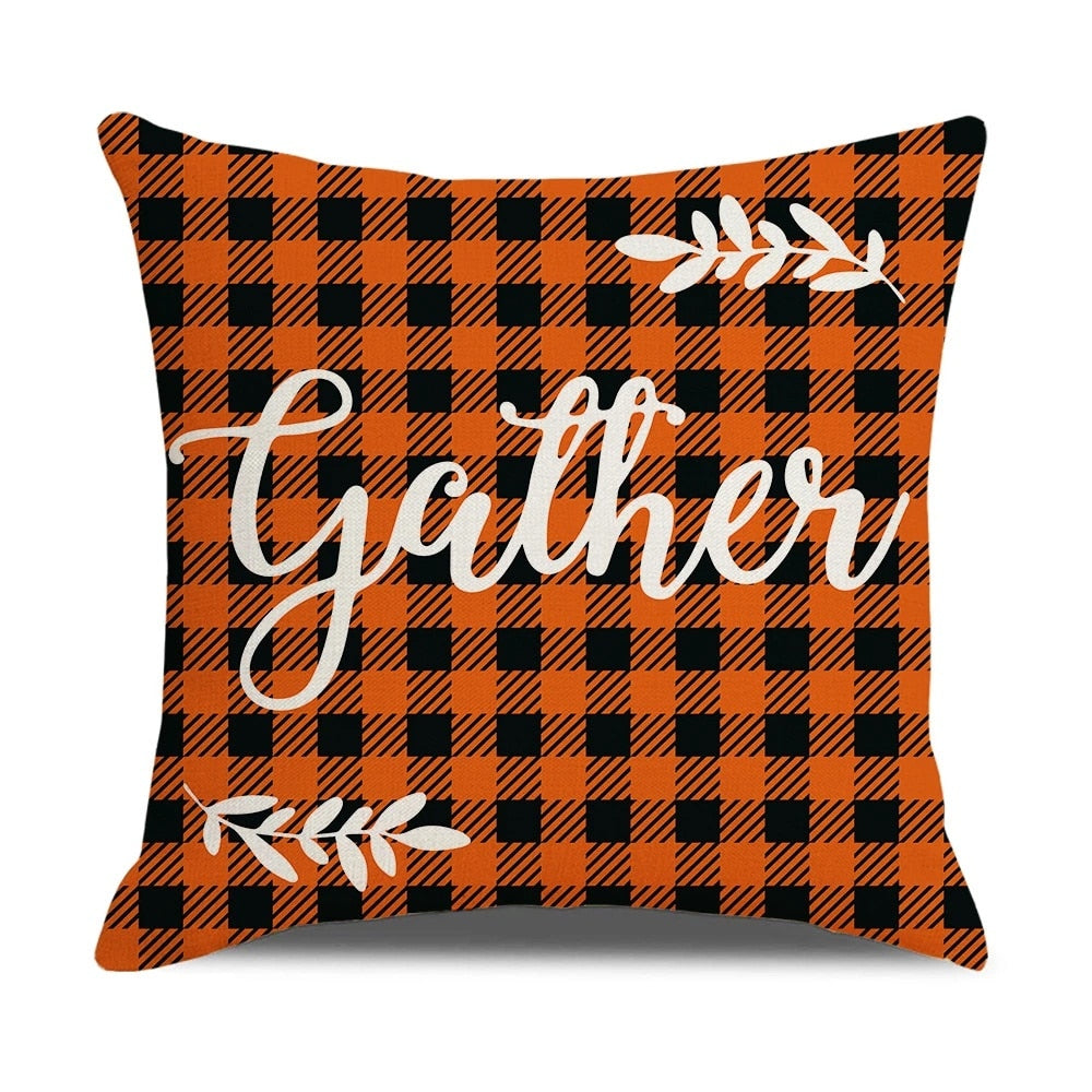 Fall Pumpkin Cushion Covers 18x18 Inch Farmhouse Decor Thanksgiving Buffalo Check Linen Throw Pillow Covers Happy Thanksgiving