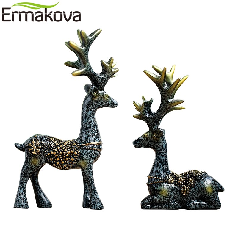 ERMAKOVA 2-Pieces Resin Deer Figurine Statue Miniature Cute Deer Sculpture Home Desktop Car Dashboard Decoration Craft Gift