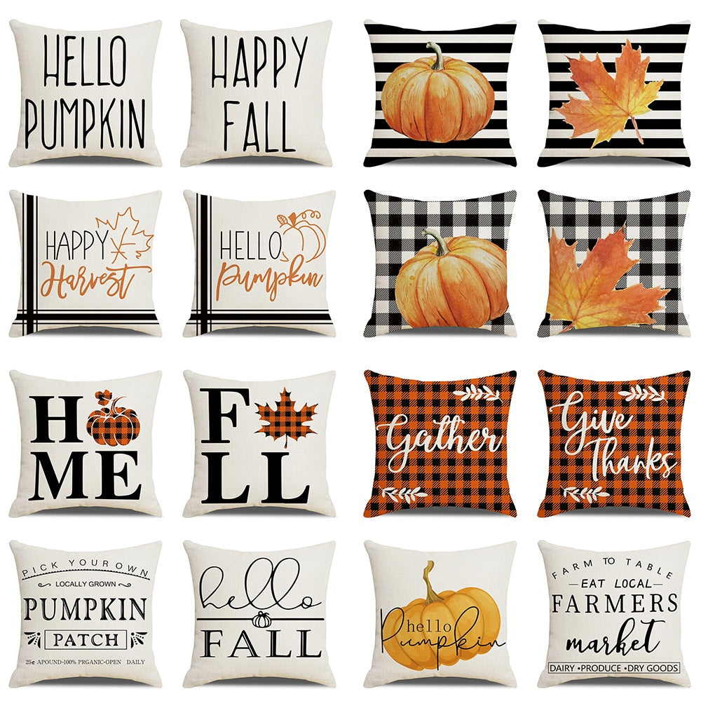 Fall Pumpkin Cushion Covers 18x18 Inch Farmhouse Decor Thanksgiving Buffalo Check Linen Throw Pillow Covers Happy Thanksgiving