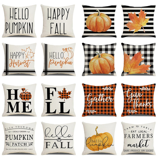 Fall Pumpkin Cushion Covers 18x18 Inch Farmhouse Decor Thanksgiving Buffalo Check Linen Throw Pillow Covers Happy Thanksgiving