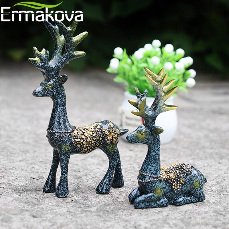 ERMAKOVA 2-Pieces Resin Deer Figurine Statue Miniature Cute Deer Sculpture Home Desktop Car Dashboard Decoration Craft Gift