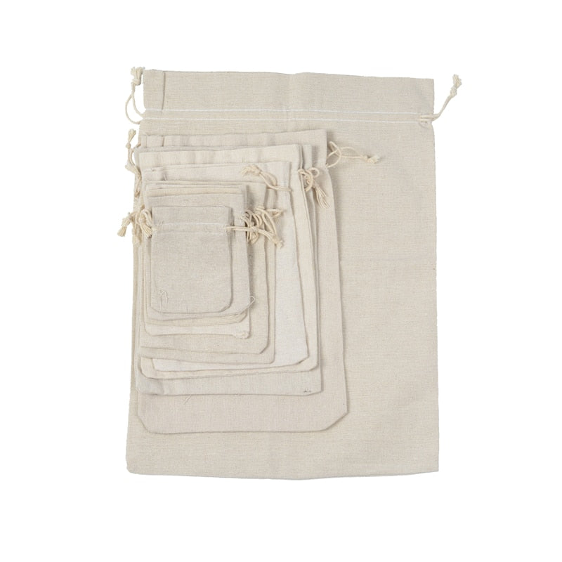 50pcs 100% Cotton Drawstring Bags Rustic Cotton Muslin Gift Bags Xmas Wedding Favors Sack Jewelry Packaging Bag Accept Customize