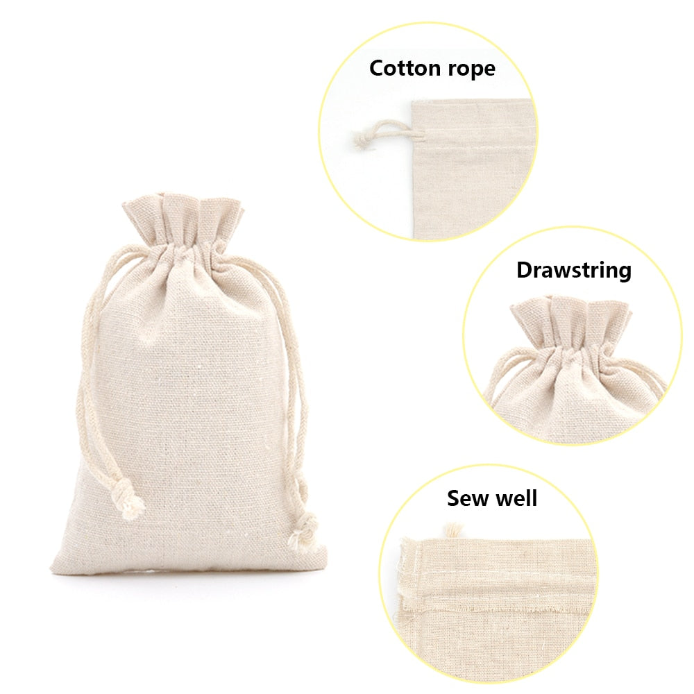 50pcs 100% Cotton Drawstring Bags Rustic Cotton Muslin Gift Bags Xmas Wedding Favors Sack Jewelry Packaging Bag Accept Customize