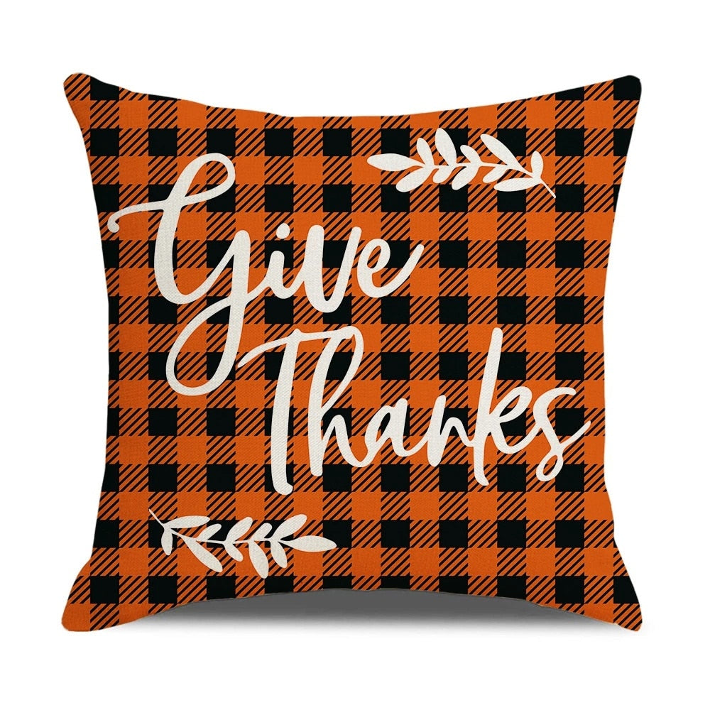 Fall Pumpkin Cushion Covers 18x18 Inch Farmhouse Decor Thanksgiving Buffalo Check Linen Throw Pillow Covers Happy Thanksgiving