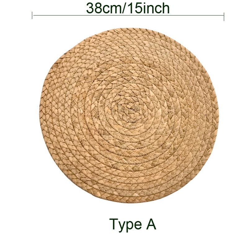 Set of 4 Round Woven Placemats for Dining Table Wicker Natural Straw Farmhouse Rustic Charger Plate Heat Resistant Place Mats