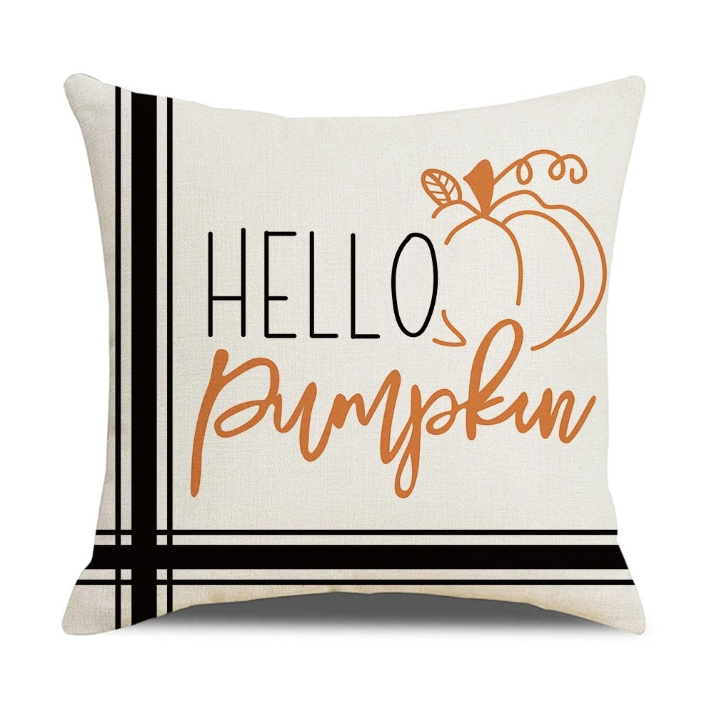 Fall Pumpkin Cushion Covers 18x18 Inch Farmhouse Decor Thanksgiving Buffalo Check Linen Throw Pillow Covers Happy Thanksgiving