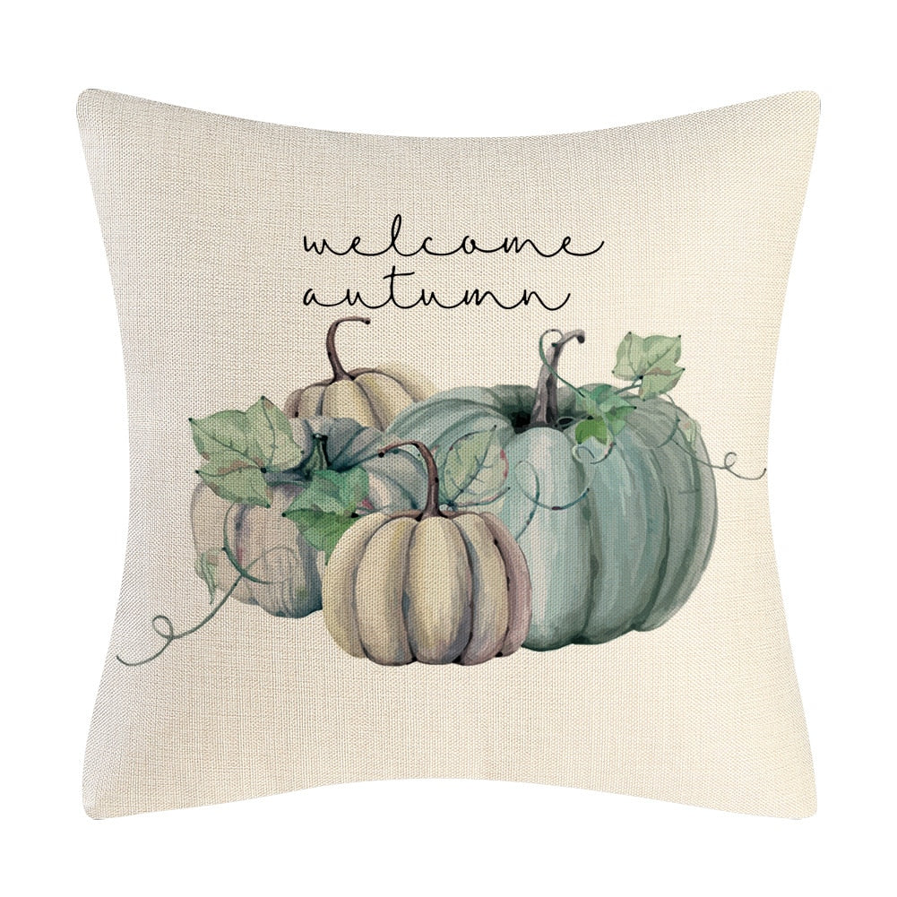 Fall Pumpkin Cushion Covers 18x18 Inch Farmhouse Decor Thanksgiving Teal Linen Throw Pillow Covers Happy Thanksgiving