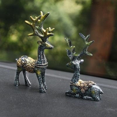 ERMAKOVA 2-Pieces Resin Deer Figurine Statue Miniature Cute Deer Sculpture Home Desktop Car Dashboard Decoration Craft Gift