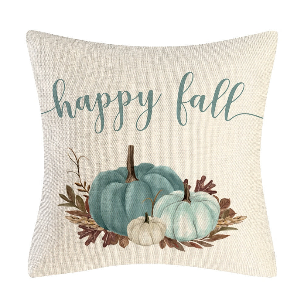 Fall Pumpkin Cushion Covers 18x18 Inch Farmhouse Decor Thanksgiving Teal Linen Throw Pillow Covers Happy Thanksgiving