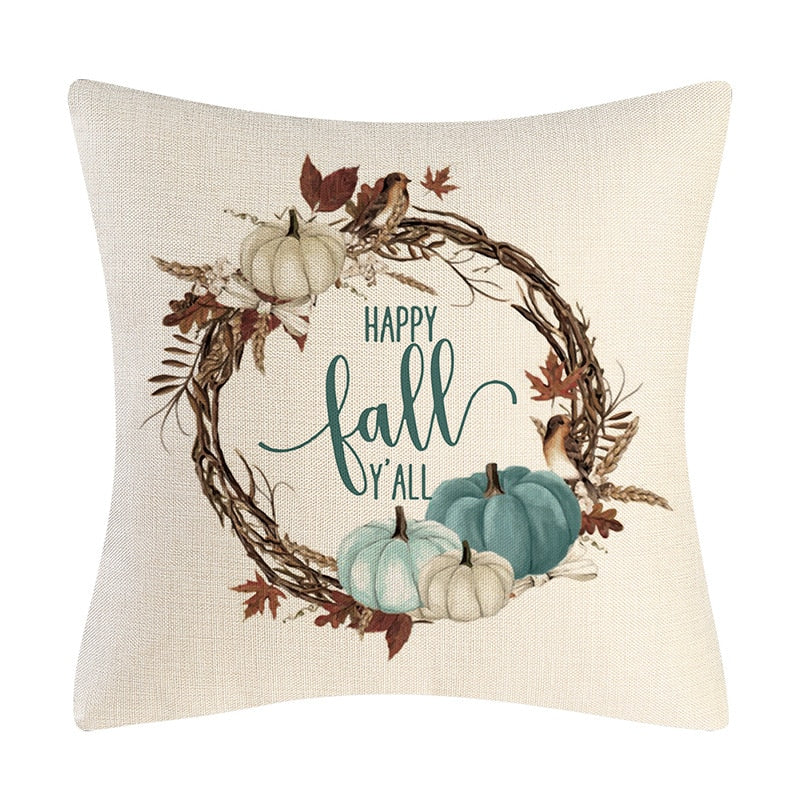 Fall Pumpkin Cushion Covers 18x18 Inch Farmhouse Decor Thanksgiving Teal Linen Throw Pillow Covers Happy Thanksgiving