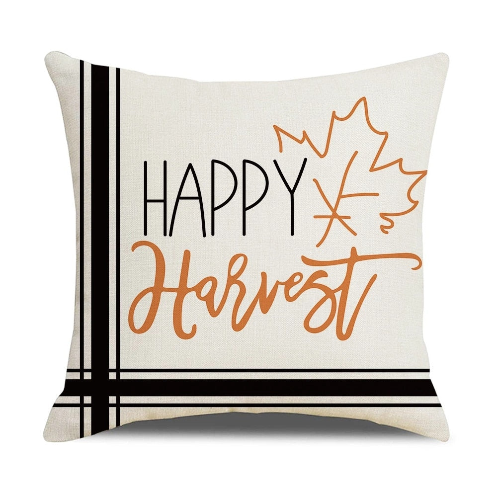 Fall Pumpkin Cushion Covers 18x18 Inch Farmhouse Decor Thanksgiving Buffalo Check Linen Throw Pillow Covers Happy Thanksgiving