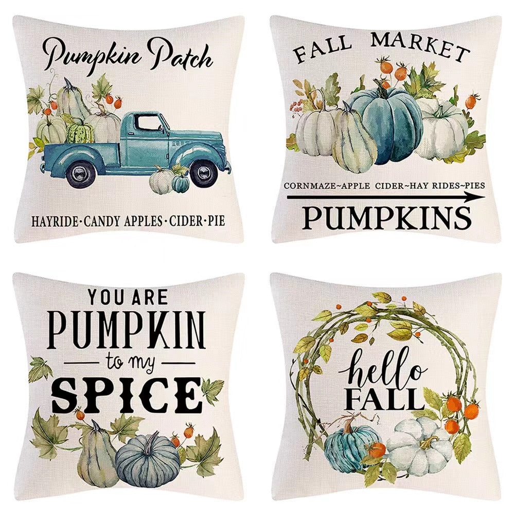 Fall Pumpkin Cushion Covers 18x18 Inch Farmhouse Decor Thanksgiving Teal Linen Throw Pillow Covers Happy Thanksgiving