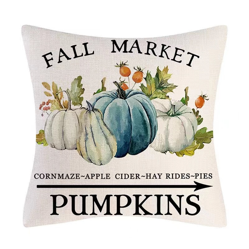 Fall Pumpkin Cushion Covers 18x18 Inch Farmhouse Decor Thanksgiving Teal Linen Throw Pillow Covers Happy Thanksgiving