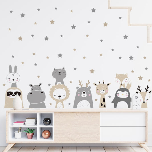 Cartoon Cute Lion Bunny Forest Animals Stars Wall Stickers Bear Deer Wall Decals for Kids Room Baby Nursery Room Bedroom Murals