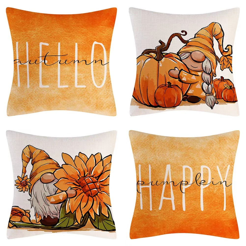 Fall Pumpkin Cushion Covers 18x18 Inch Farmhouse Decor Thanksgiving Teal Linen Throw Pillow Covers Happy Thanksgiving